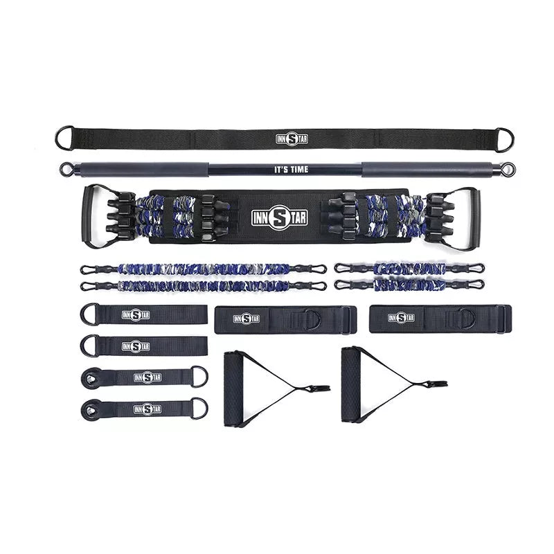 Multifunctional bench press resistance band set in camouflage colors with workout bar