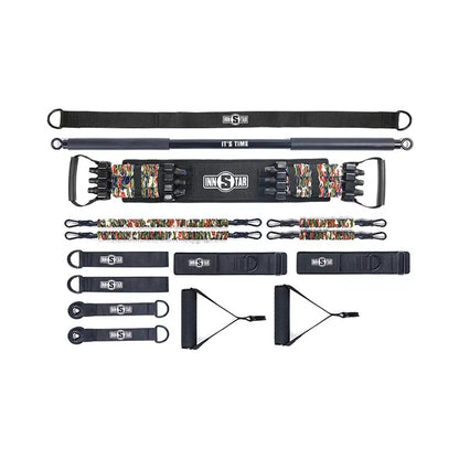 Multifunctional bench press resistance band set in camouflage colors with workout bar