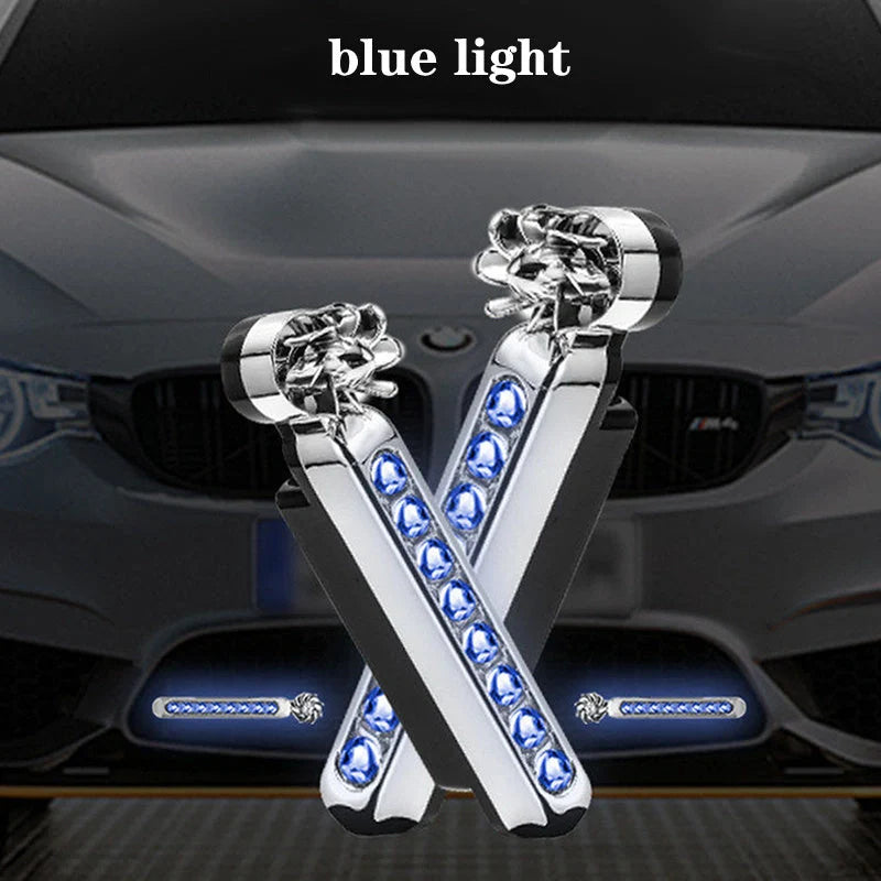Wind-powered LED daytime running lights for cars and motorcycles in colorful, white, and blue options