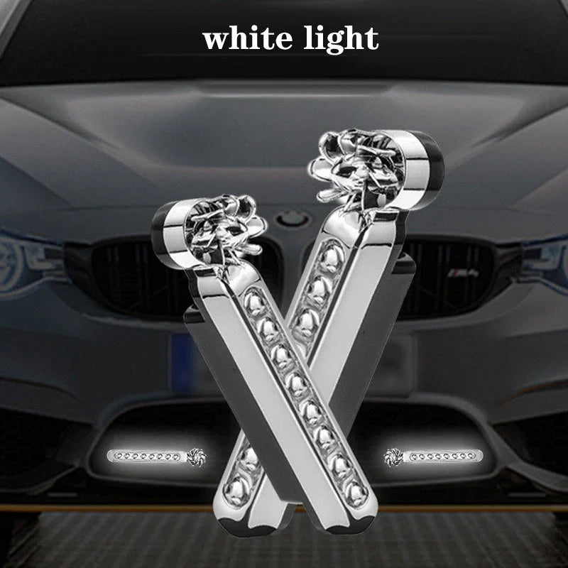 Wind-powered LED daytime running lights for cars and motorcycles in colorful, white, and blue options