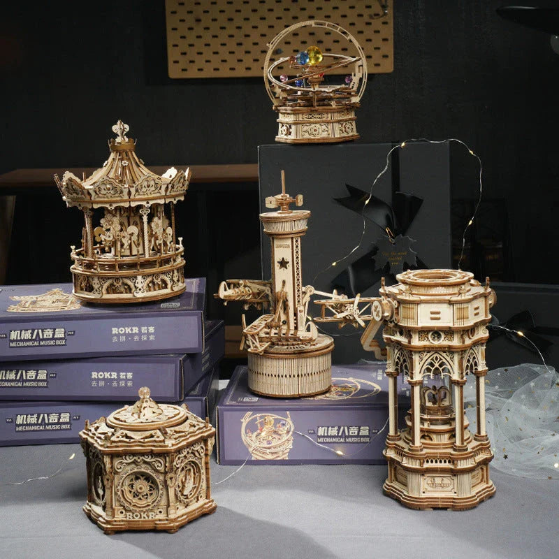 A 3D wooden music box with a rotating starry night scene and classic melodic tunes