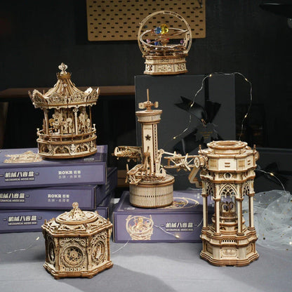 A 3D wooden music box with a rotating starry night scene and classic melodic tunes