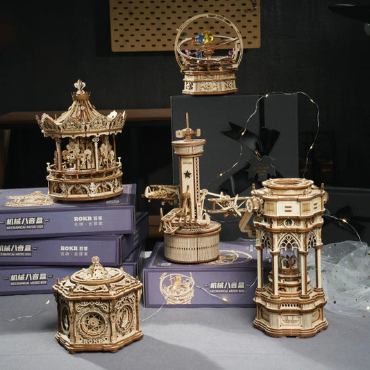 A 3D wooden music box with a rotating starry night scene and classic melodic tunes