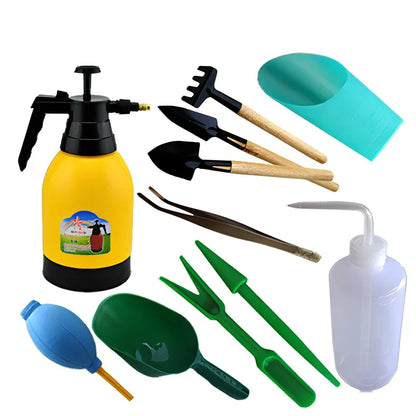 Succulent gardening tools set showing tweezers, spray bottle, sprouting tray, and bundling lines for plant care