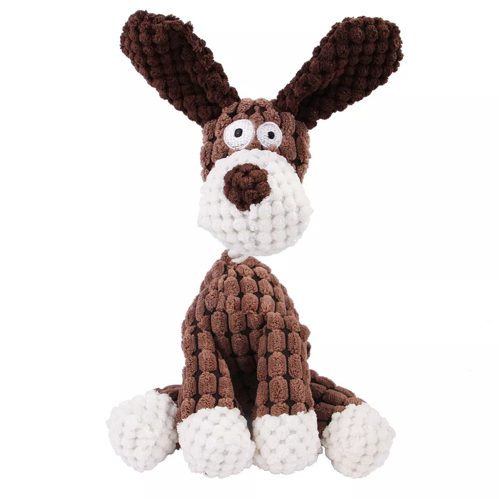 Donkey-shaped corduroy chew toy for dogs with squeaker, available in white, brown, and gray