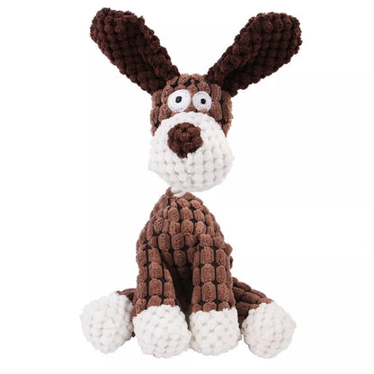 Donkey-shaped corduroy chew toy for dogs with squeaker, available in white, brown, and gray