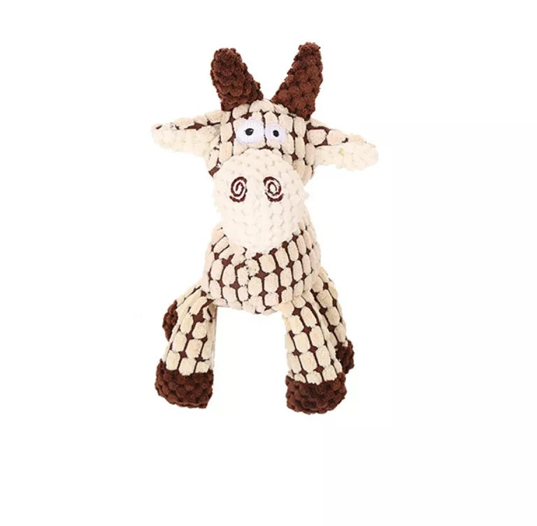 Donkey-shaped corduroy chew toy for dogs with squeaker, available in white, brown, and gray