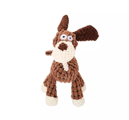 Donkey-shaped corduroy chew toy for dogs with squeaker, available in white, brown, and gray