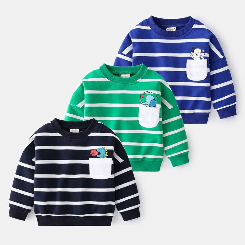 Green and white striped cotton pullover sweater for boys with round neck and long sleeves