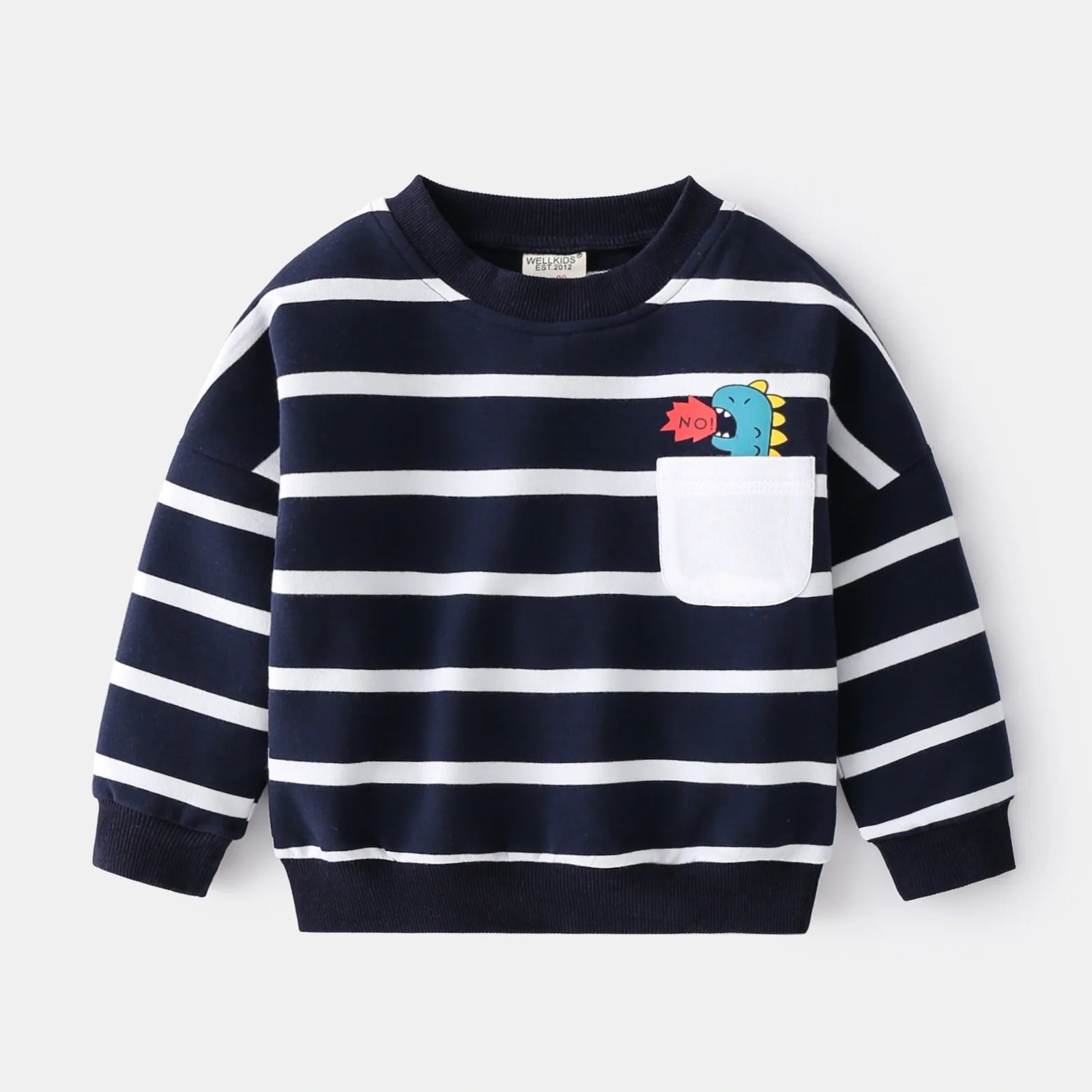 Green and white striped cotton pullover sweater for boys with round neck and long sleeves