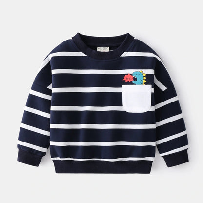 Green and white striped cotton pullover sweater for boys with round neck and long sleeves