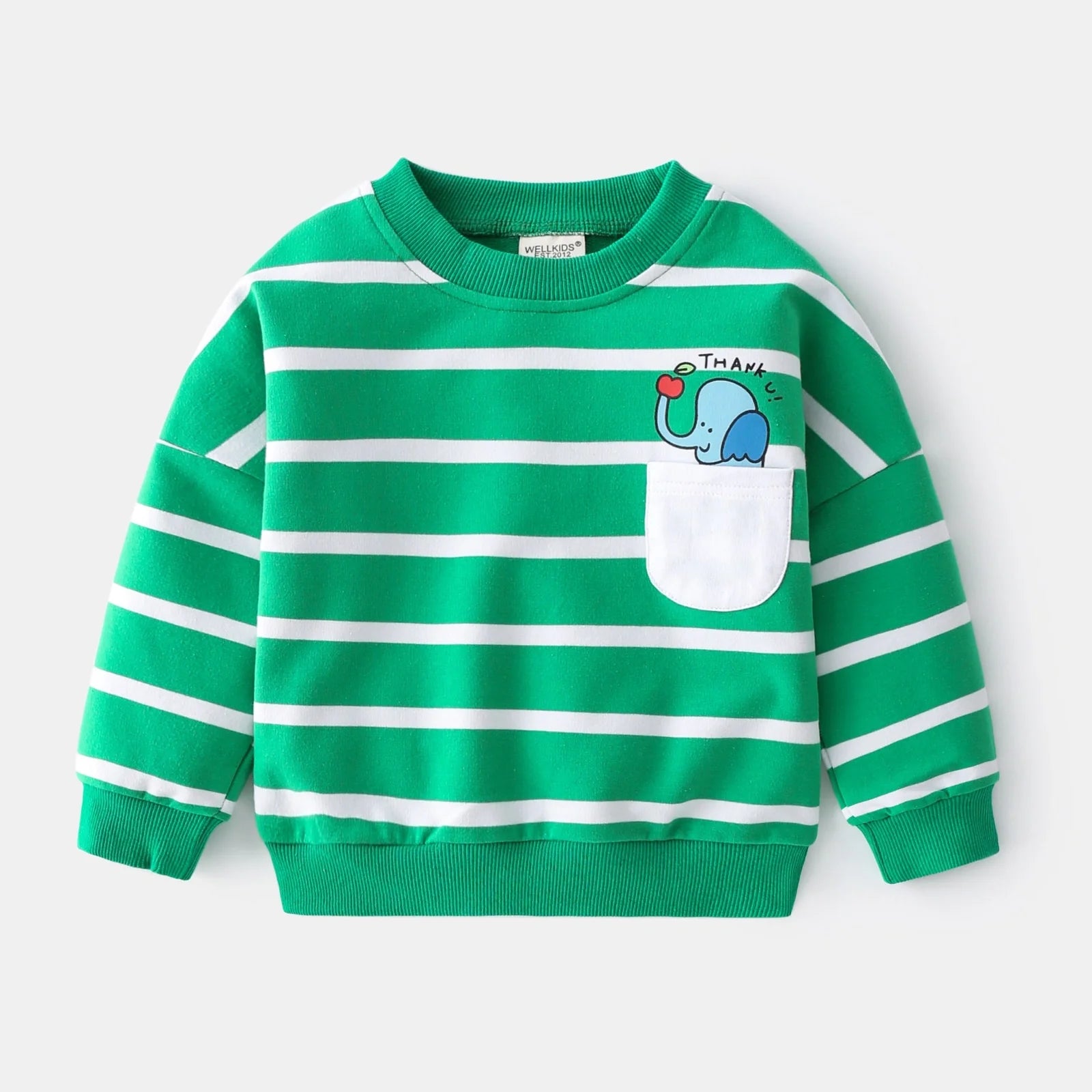 Green and white striped cotton pullover sweater for boys with round neck and long sleeves