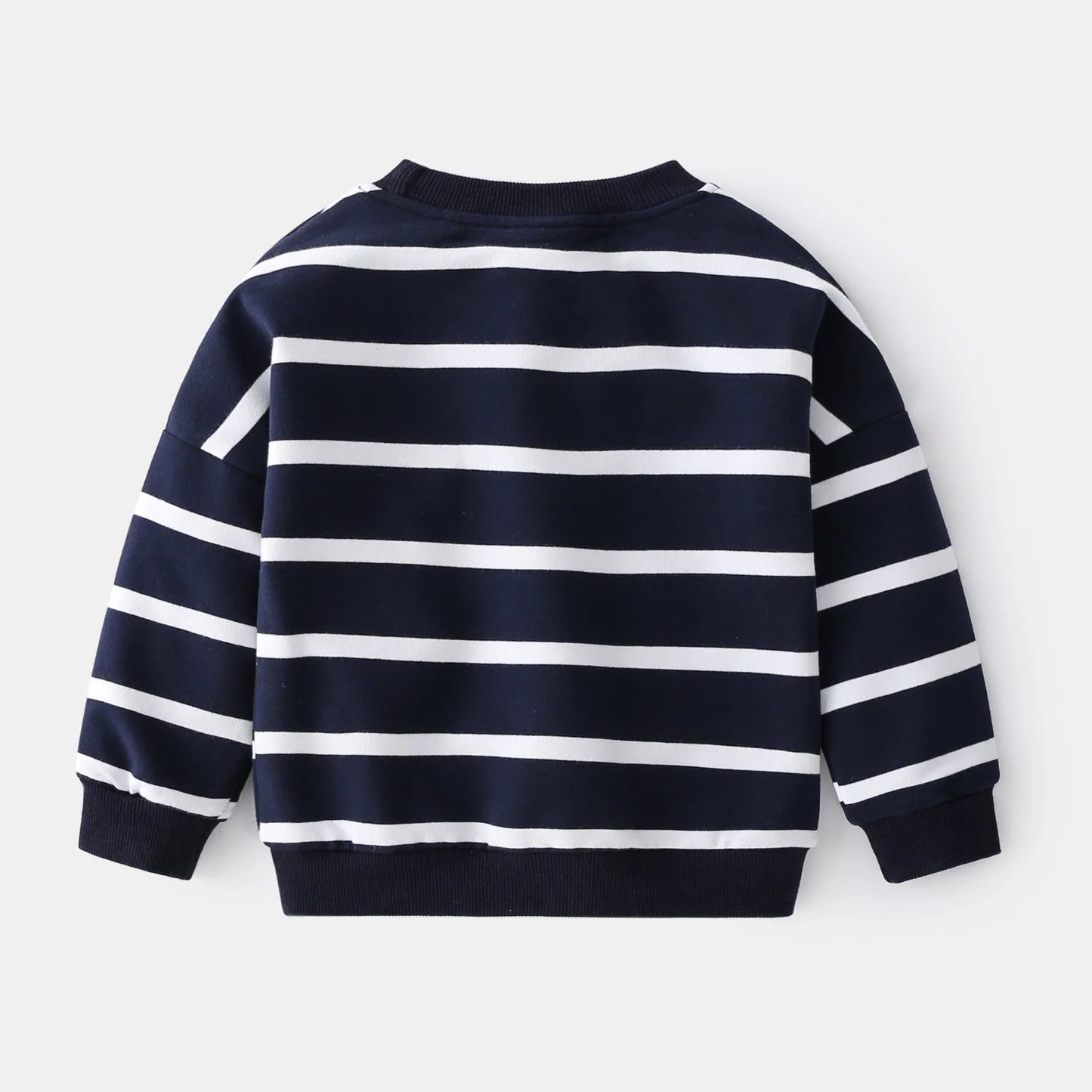 Green and white striped cotton pullover sweater for boys with round neck and long sleeves