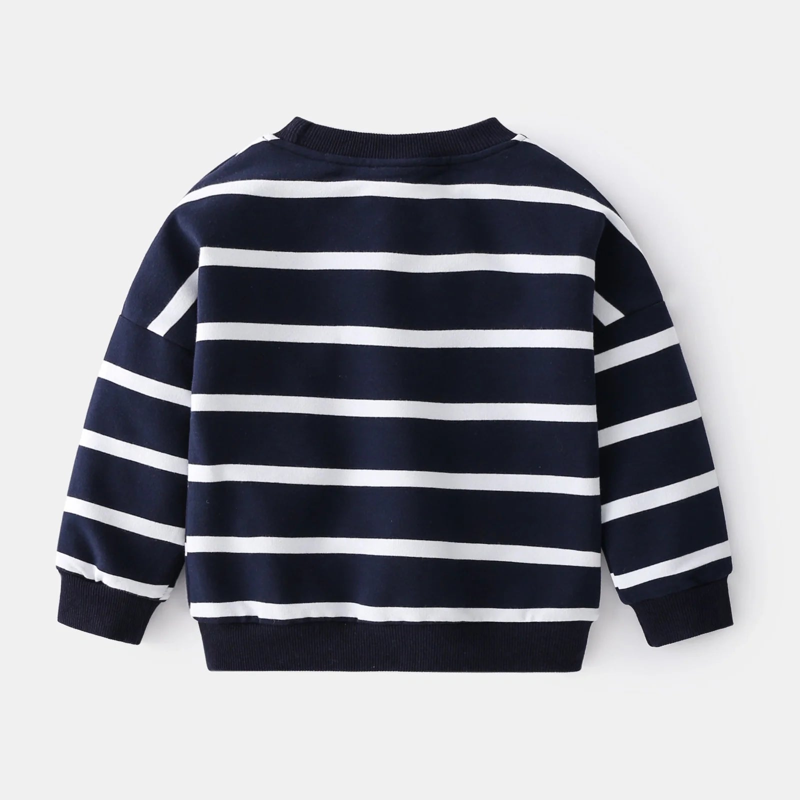 Green and white striped cotton pullover sweater for boys with round neck and long sleeves