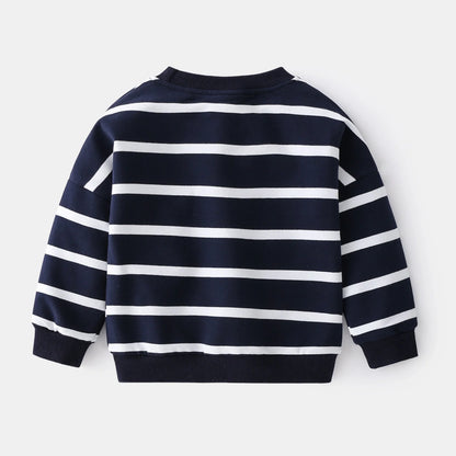 Green and white striped cotton pullover sweater for boys with round neck and long sleeves