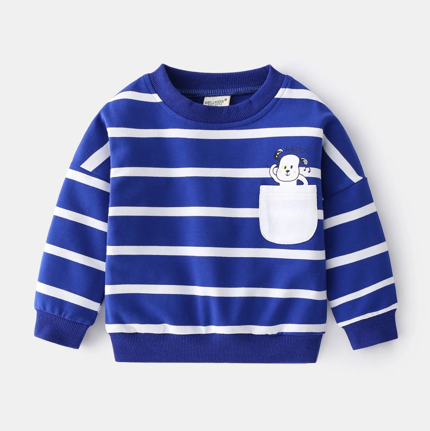 Green and white striped cotton pullover sweater for boys with round neck and long sleeves