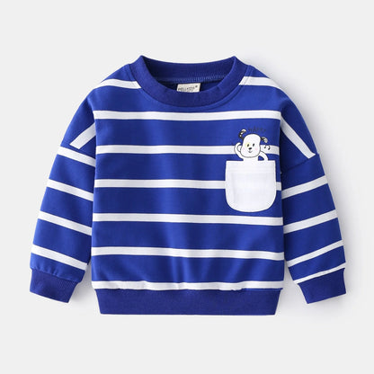 Green and white striped cotton pullover sweater for boys with round neck and long sleeves
