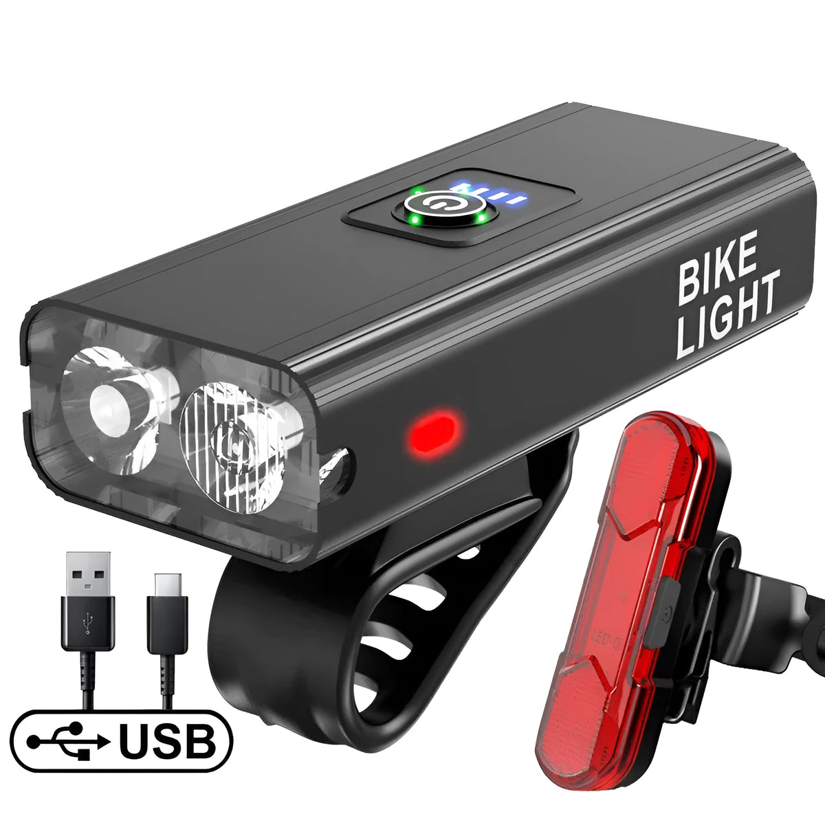 USB rechargeable bike light with double T6 lamp beads, 1200 lumens, aluminium alloy frame, IPX-6 waterproof