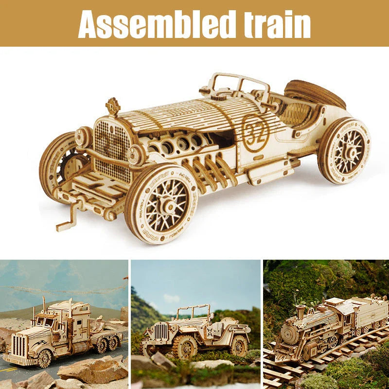 3D wooden train puzzle kit with 308 interlocking pieces for a rewarding DIY building experience