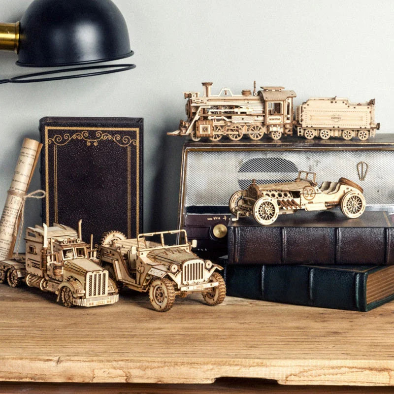 3D wooden train puzzle kit with 308 interlocking pieces for a rewarding DIY building experience
