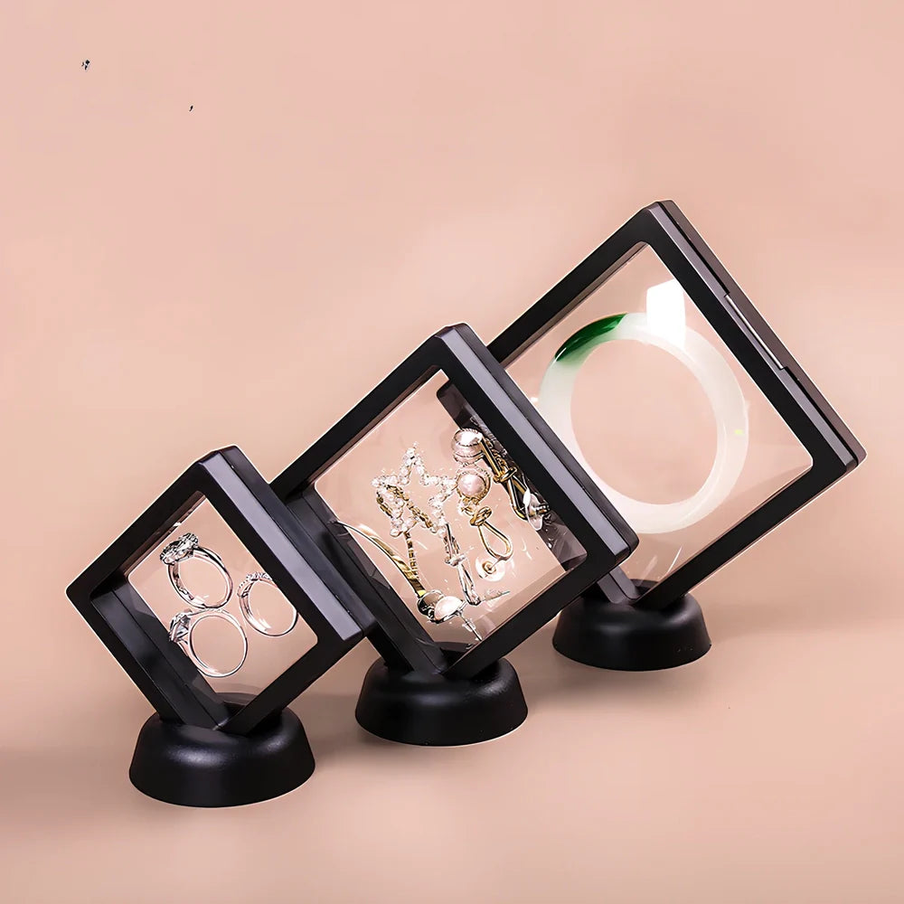 Black 11x11cm suspended 3D floating display frame holder with square base for coins and gems