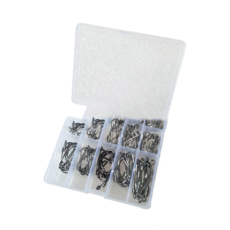 Boxed set of 100 barbed fish hooks in gold and black, sizes 3-12, with and without holes