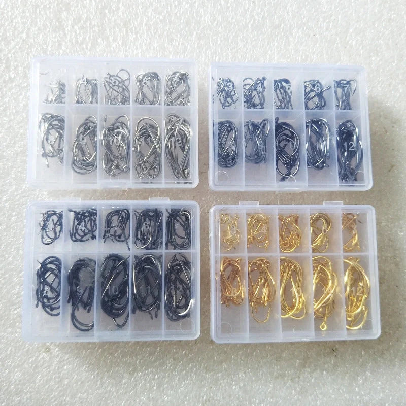 Boxed set of 100 barbed fish hooks in gold and black, sizes 3-12, with and without holes