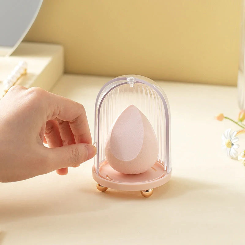 Transparent birdcage cosmetic storage box for makeup sponges, dustproof cover, 67x67x95mm