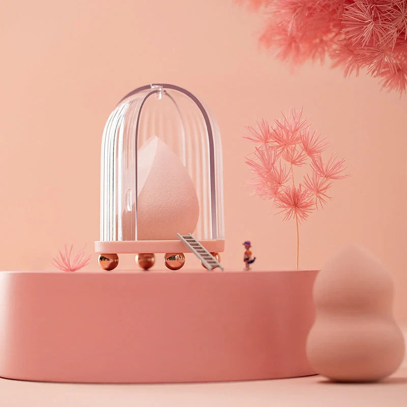 Transparent birdcage cosmetic storage box for makeup sponges, dustproof cover, 67x67x95mm