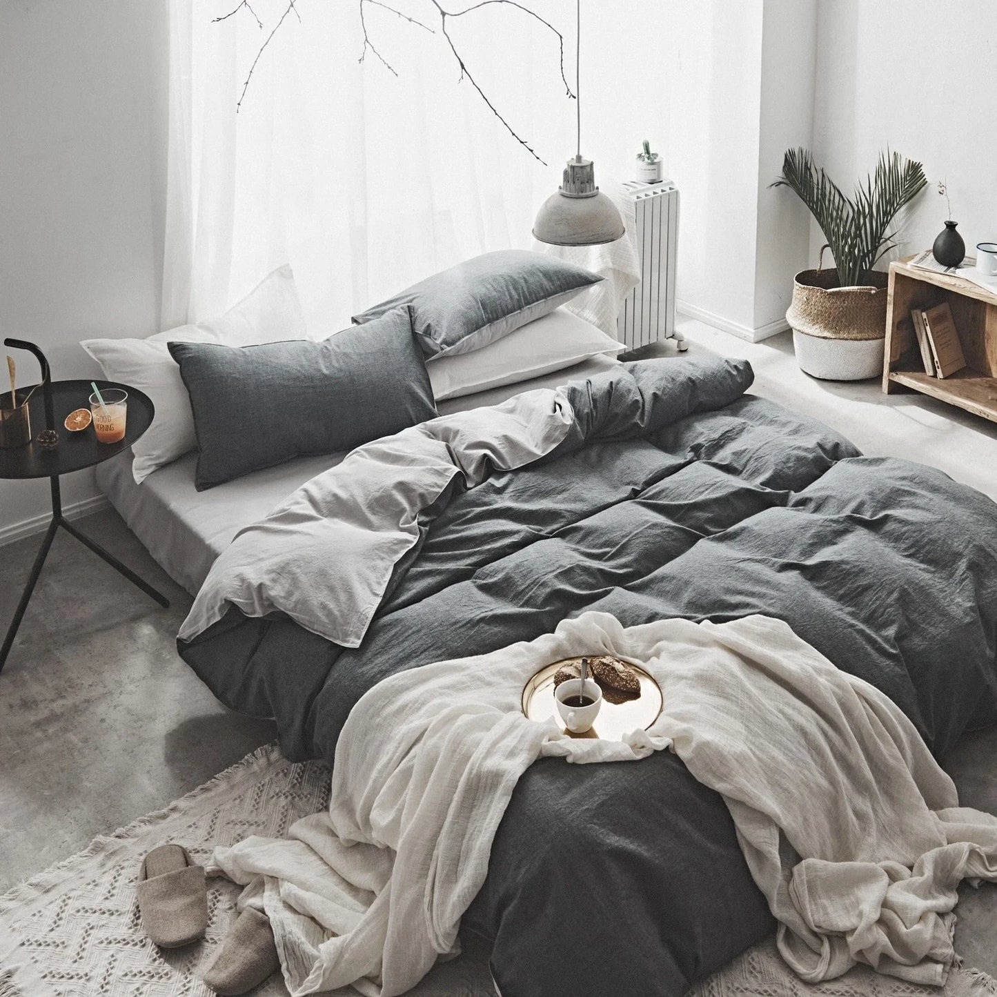 Washed cotton Nordic bedding set in Graphite Grey with reactive dye colours and 48x74cm pillowcases