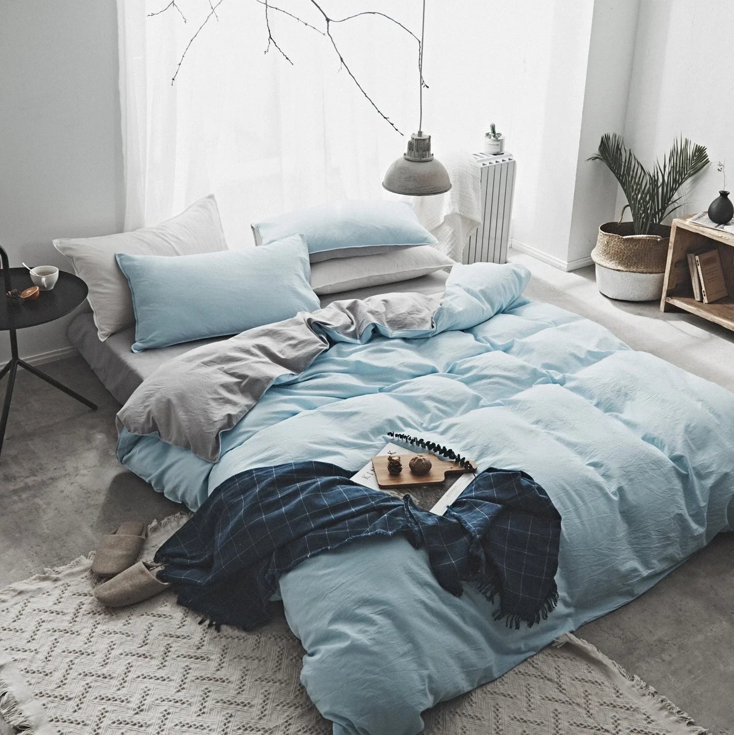 Washed cotton Nordic bedding set in Graphite Grey with reactive dye colours and 48x74cm pillowcases