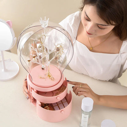 LED Light Makeup Organizer with 360-degree rotation and dual lighting options