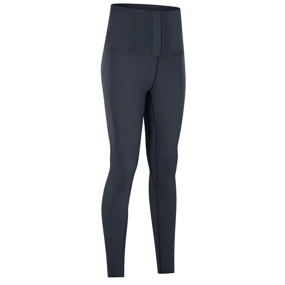 Women's high-waist yoga pants in forest grey green with moisture-wicking fabric and precise sizing