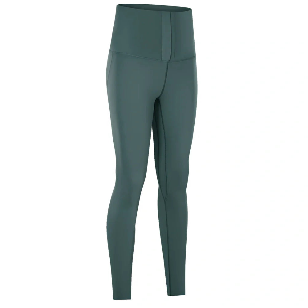 Women's high-waist yoga pants in forest grey green with moisture-wicking fabric and precise sizing