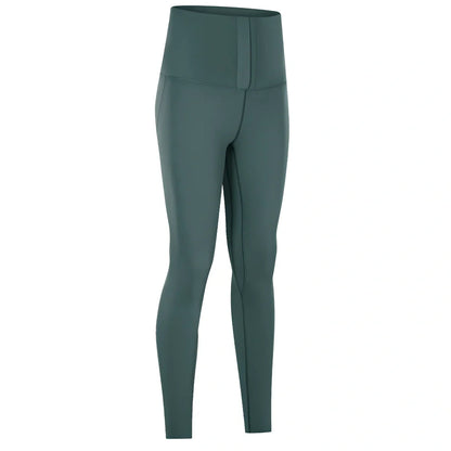Women's high-waist yoga pants in forest grey green with moisture-wicking fabric and precise sizing