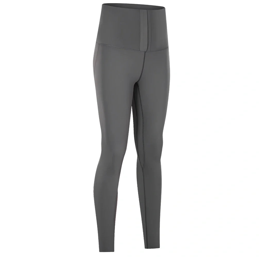 Women's high-waist yoga pants in forest grey green with moisture-wicking fabric and precise sizing