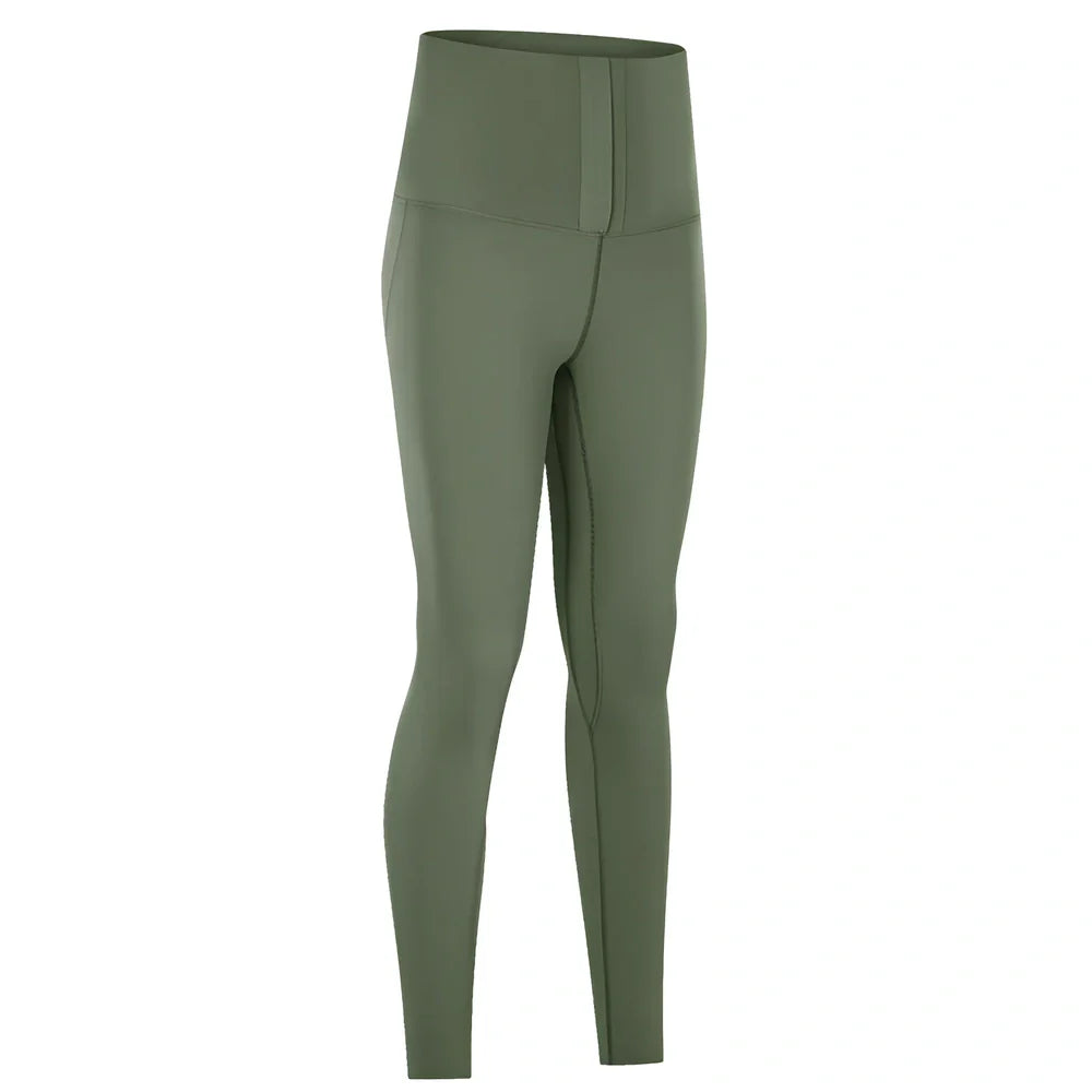 Women's high-waist yoga pants in forest grey green with moisture-wicking fabric and precise sizing
