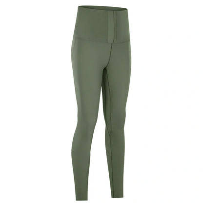 Women's high-waist yoga pants in forest grey green with moisture-wicking fabric and precise sizing