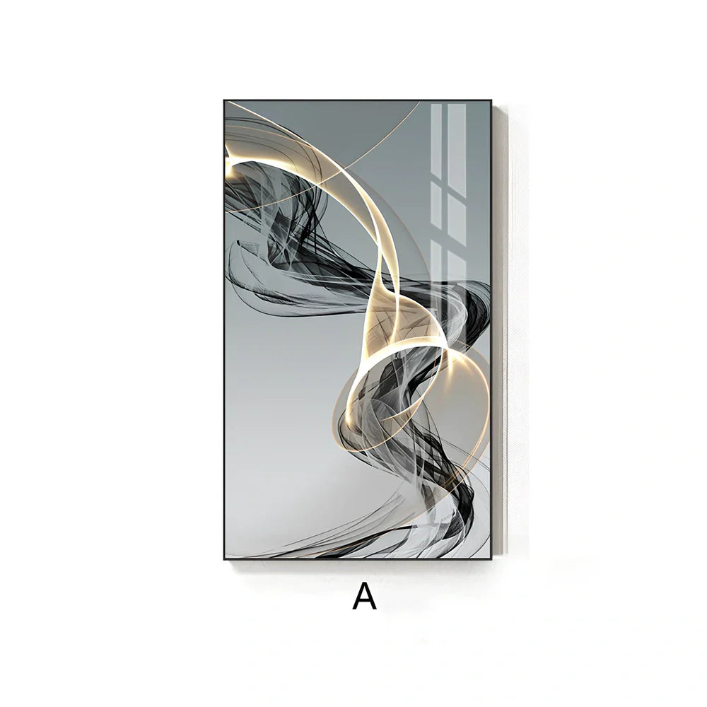 Postmodern abstract canvas painting with geometric black and yellow lines on rectangular canvas