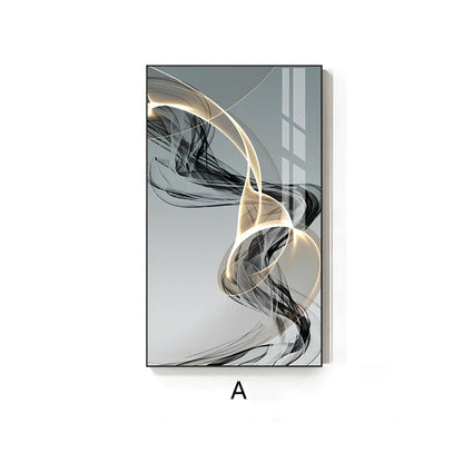 Postmodern abstract canvas painting with geometric black and yellow lines on rectangular canvas