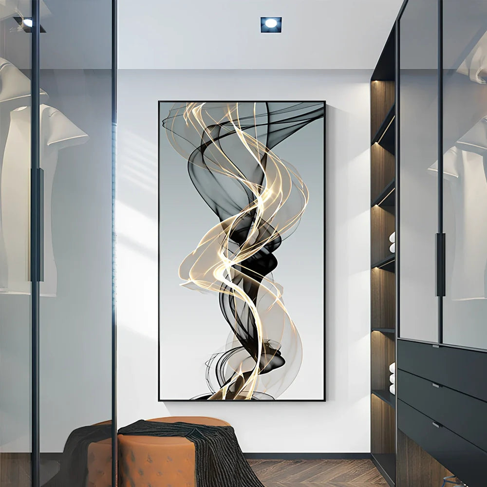 Postmodern abstract canvas painting with geometric black and yellow lines on rectangular canvas