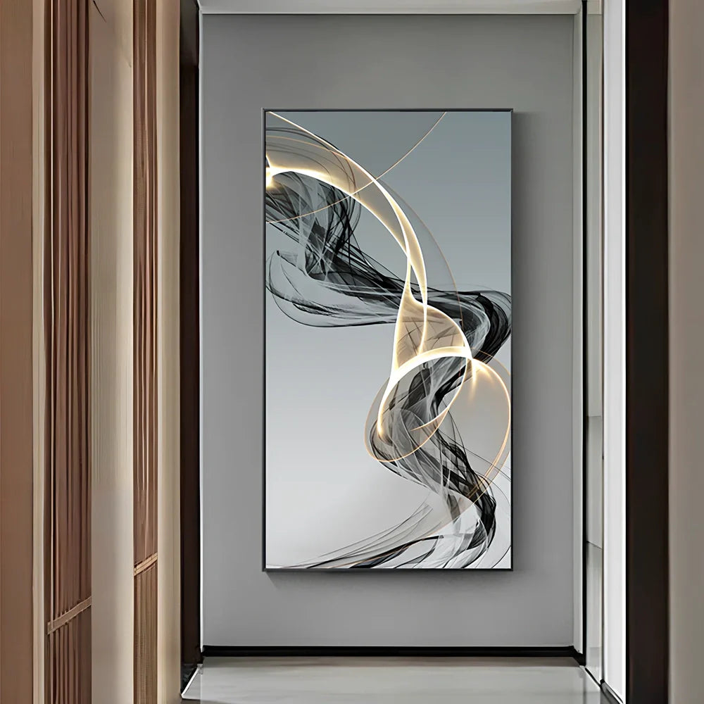 Postmodern abstract canvas painting with geometric black and yellow lines on rectangular canvas