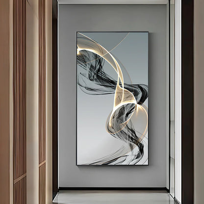 Postmodern abstract canvas painting with geometric black and yellow lines on rectangular canvas