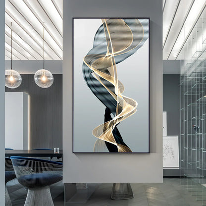 Postmodern abstract canvas painting with geometric black and yellow lines on rectangular canvas