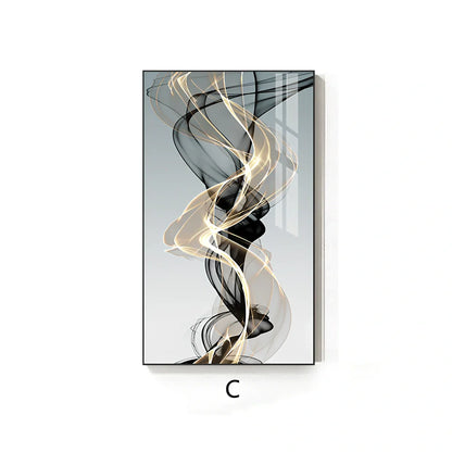 Postmodern abstract canvas painting with geometric black and yellow lines on rectangular canvas