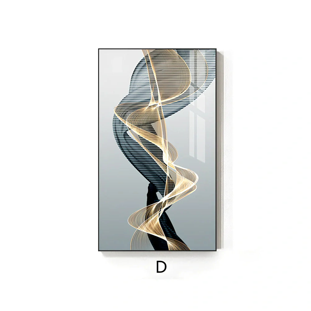 Postmodern abstract canvas painting with geometric black and yellow lines on rectangular canvas