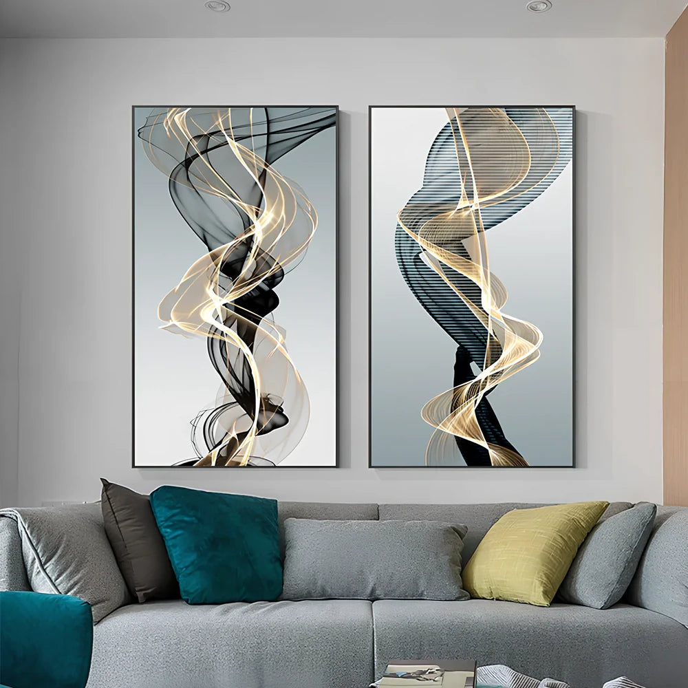 Postmodern abstract canvas painting with geometric black and yellow lines on rectangular canvas