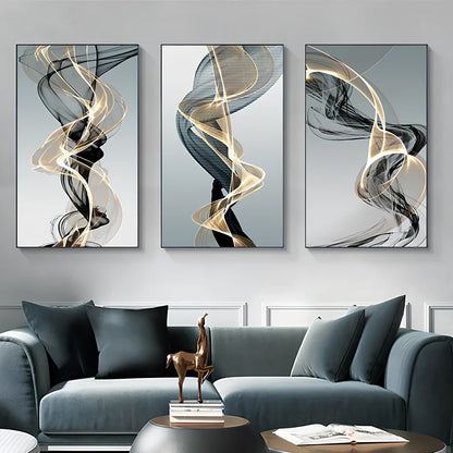 Postmodern abstract canvas painting with geometric black and yellow lines on rectangular canvas