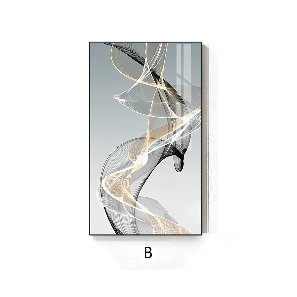 Postmodern abstract canvas painting with geometric black and yellow lines on rectangular canvas