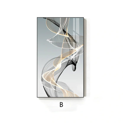 Postmodern abstract canvas painting with geometric black and yellow lines on rectangular canvas